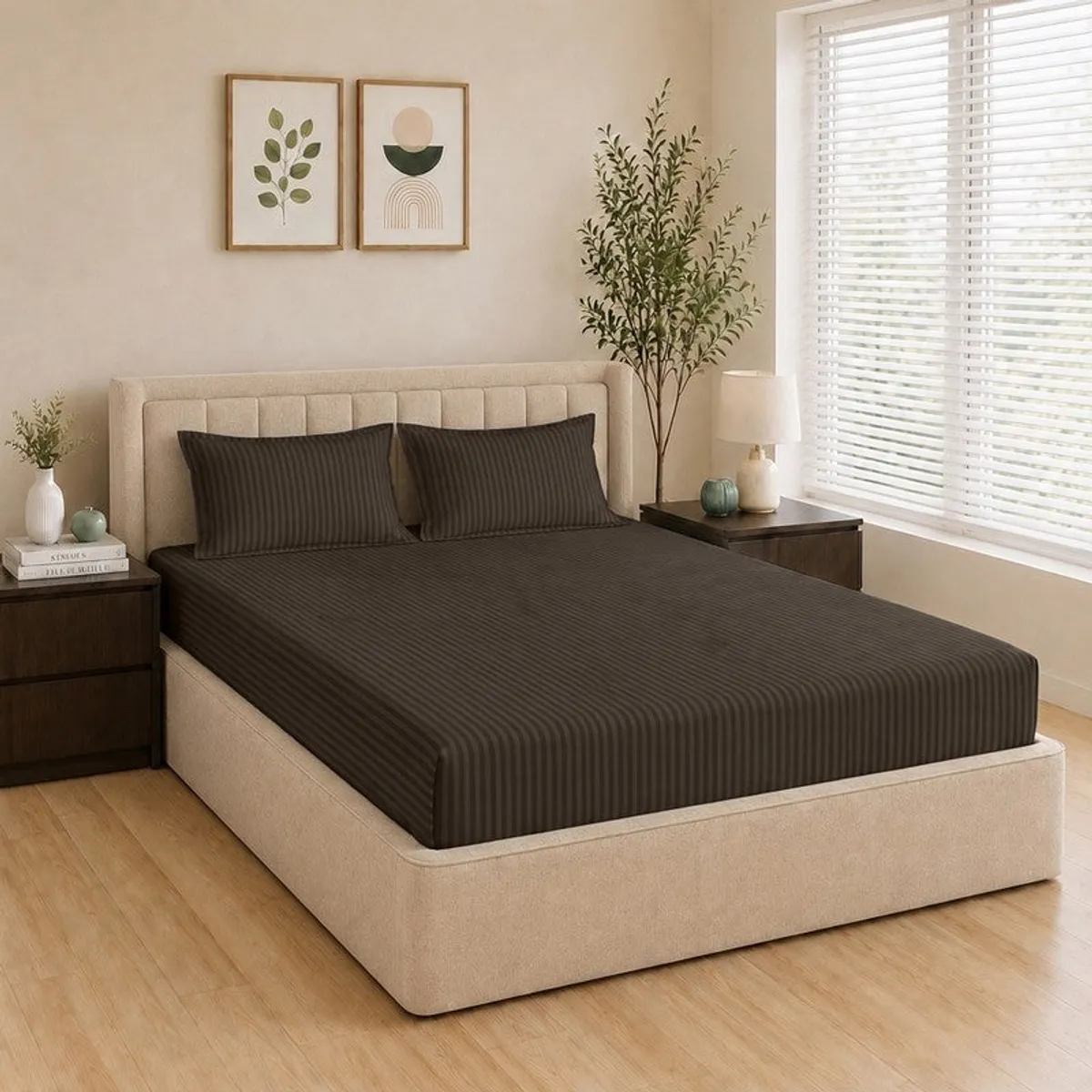 Brown striped bedsheet and matching pillows on a double bed
