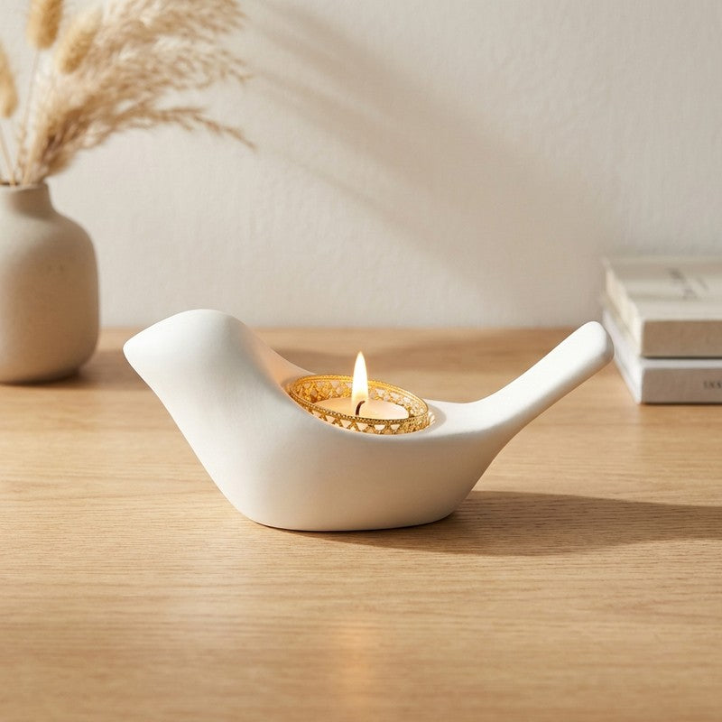 Bird Resin Tea Light Candle Holder - White