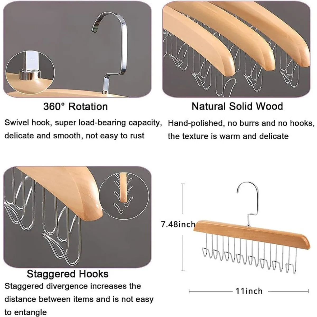 Collage showing rotating hook, wooden top and multi-hook hanger details