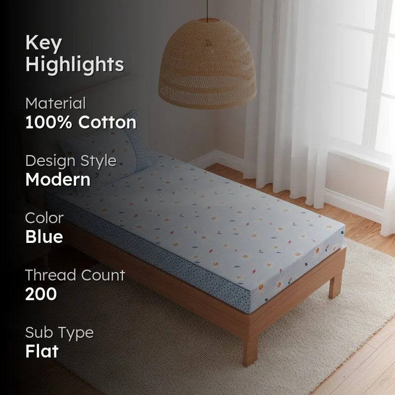 Daisy Blush Printed Cotton Bedsheet (Blue) - 200 TC media 2