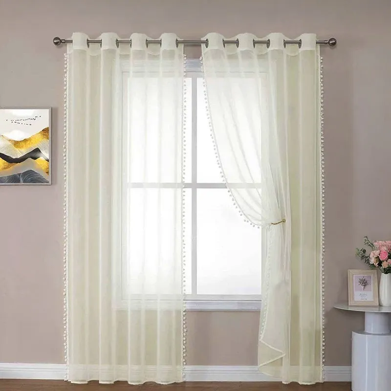 Urban Space Curtain With Pom Pom (Buttercream) - Set Of Two media 2