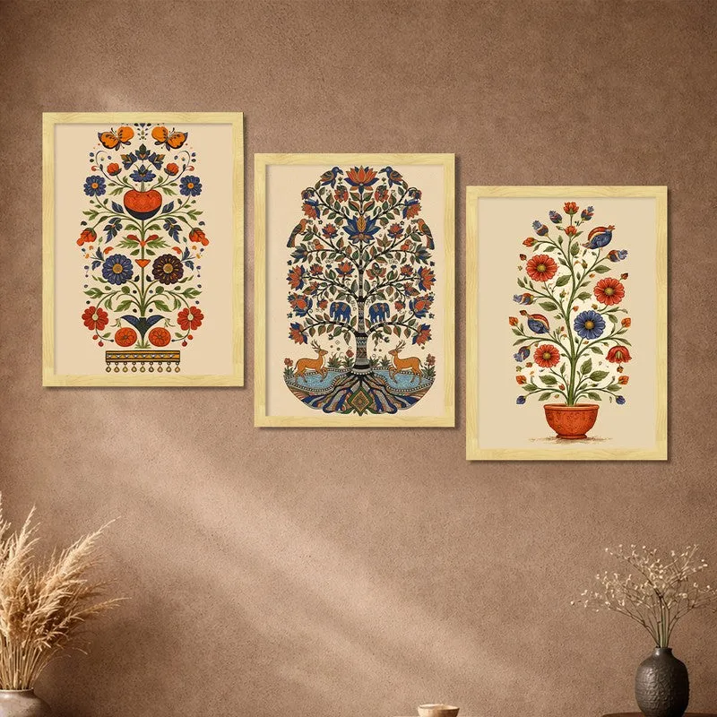 Indian Folk Floral Paper Wall Painting With Frame - Set Of Three media 5