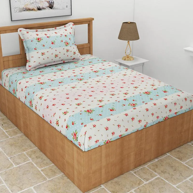 Safro Floral Fitted Microfiber Bedsheet (White & Blue) - 130 GSM media 1