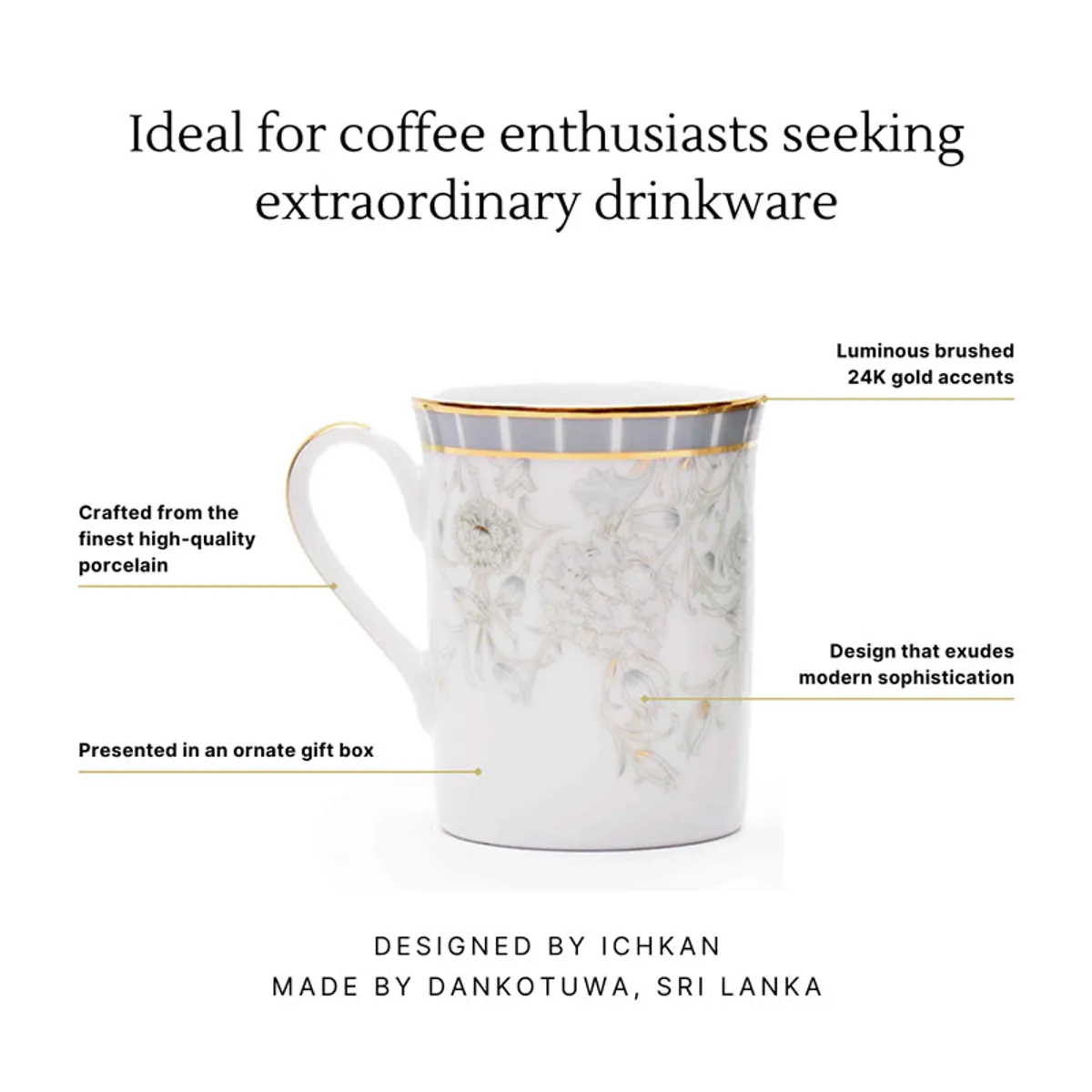 Single porcelain mug showing grey floral design and gold brushed accents