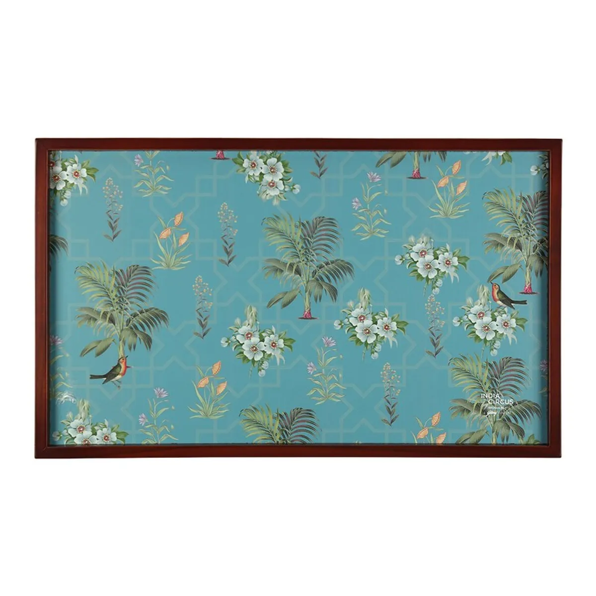 Top view of blue floral and bird patterned rectangular tray table