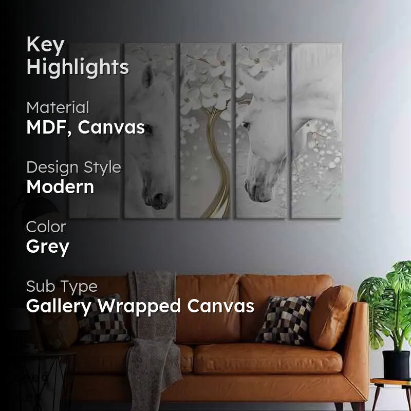 Elegant White Horse Canvas Wall Art - Five Piece Set media 2