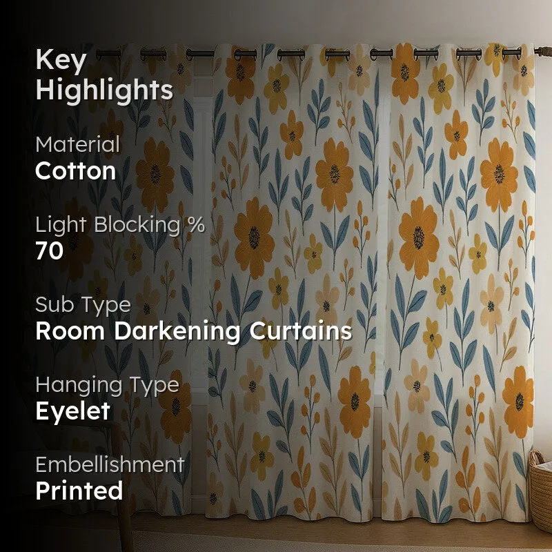 PetalPop Cotton Curtains - Set Of Three, multicolor floral cotton room-darkening set of three, styled room view