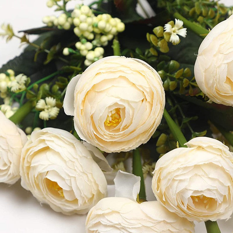 Artificial Camellia Rose Flower Bunch - White media 5