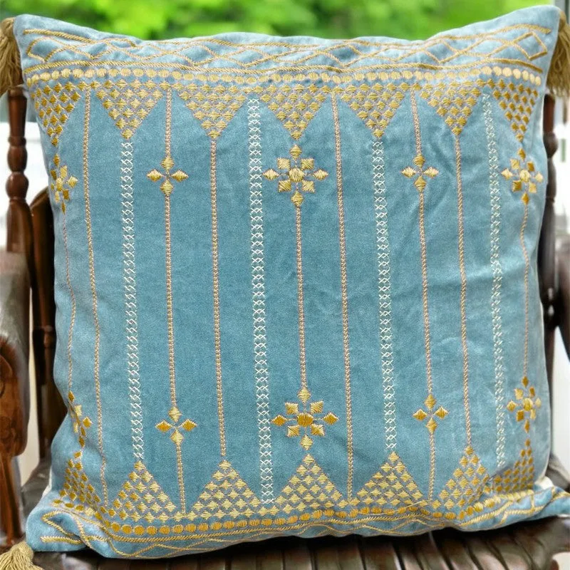 Azure Golden Bloom Embroidered Cushion Cover media 3