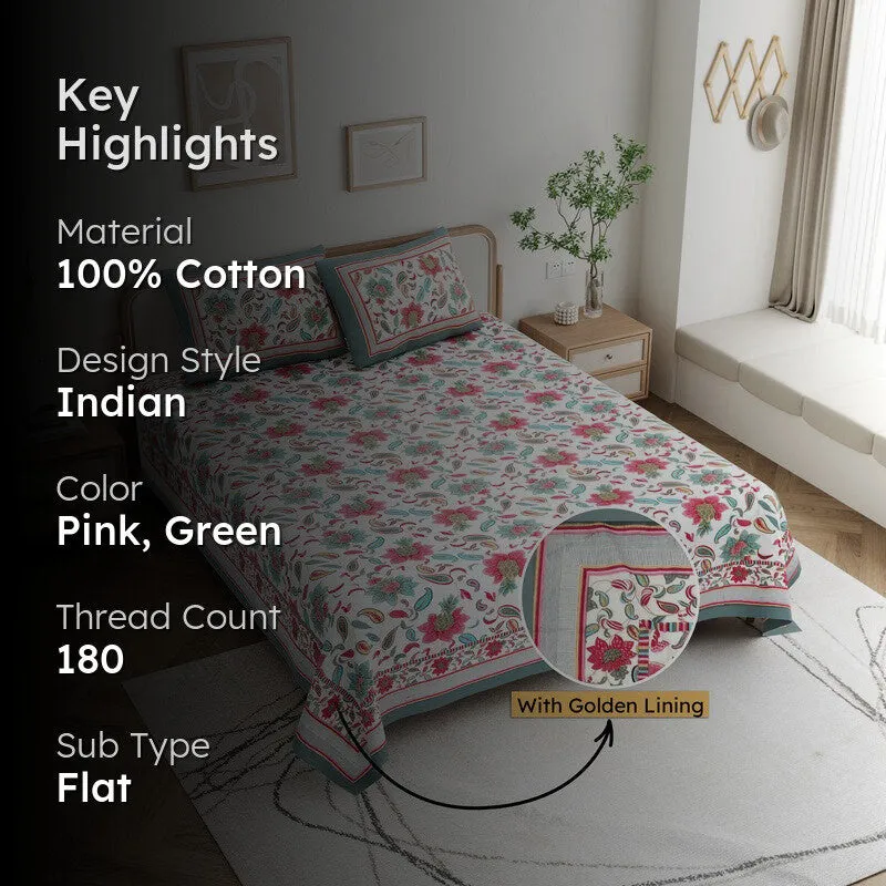Soft Petal Cotton Bedsheet (Pink,Green)- 180 GSM media 2