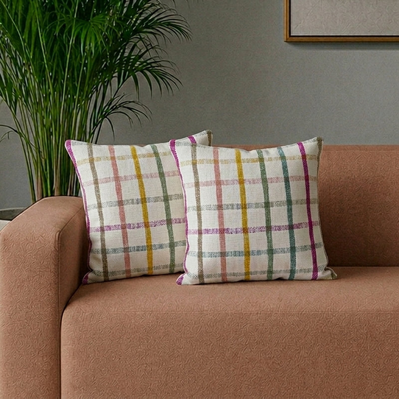 Subtle Squares Checked Cotton Cushion Cover - Set Of Two - 16 x 16 Inches