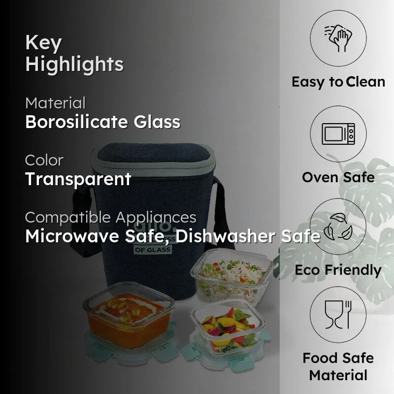 Bitrax Leak Proof Glass Lunch Box with Bag- Set of Three media 2