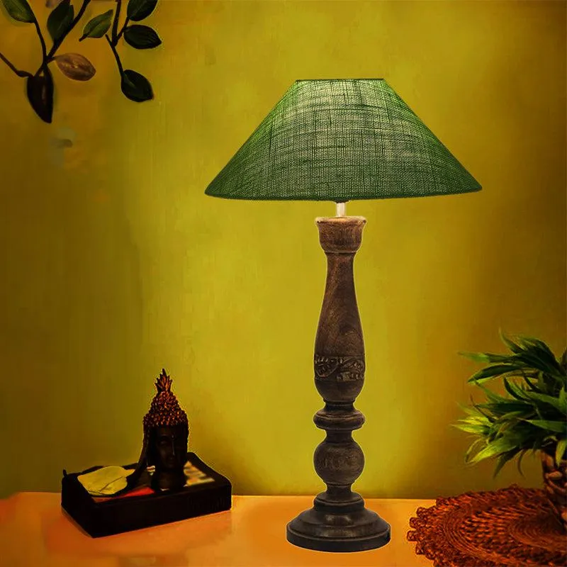 Nihara Wooden & Jute Table Lamp - Green,Brown media 1