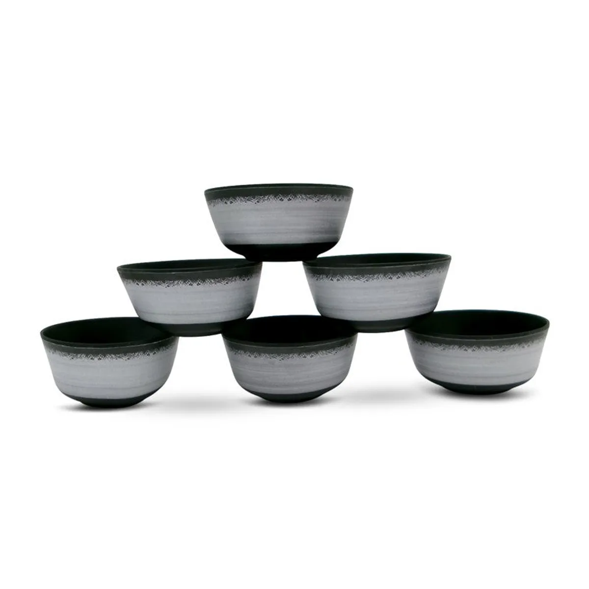 Six black and grey snack bowls arranged in a row