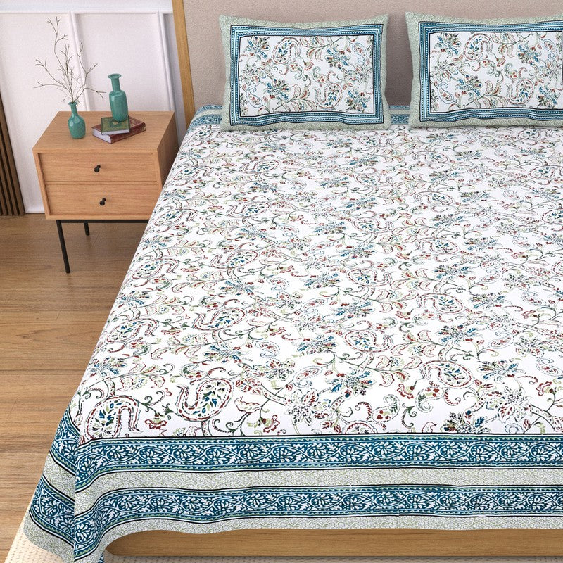 Weavon Floral Cotton Bedsheet (Blue & White) - 240 TC media 4