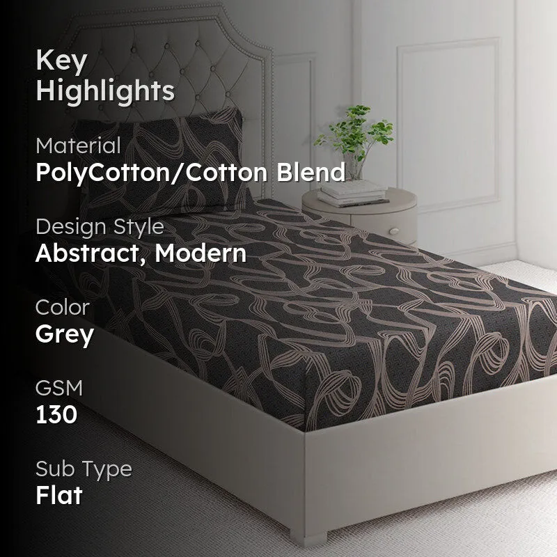 Grey abstract bedsheet with key highlights text overlay
