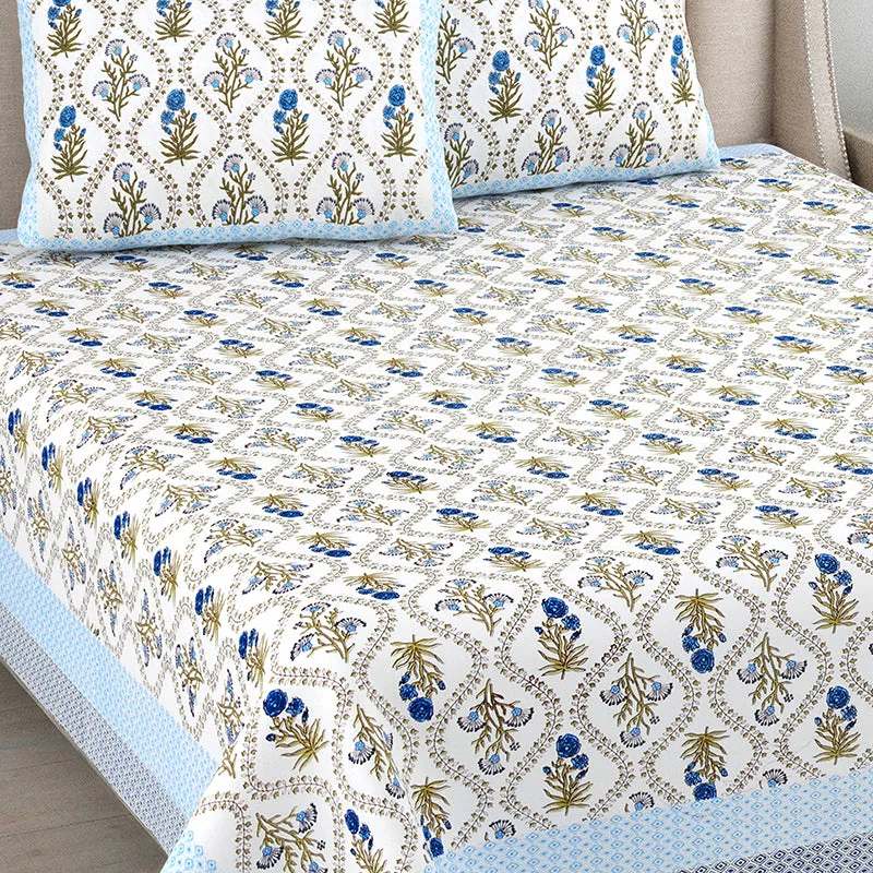 Ethnik Blooms Cotton Bedsheet (Blue) - 144 TC media 3