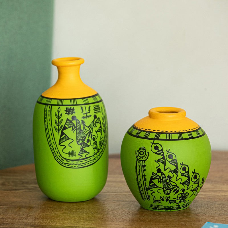 Warli Tales Vases - Set of Two (Green,Yelow)