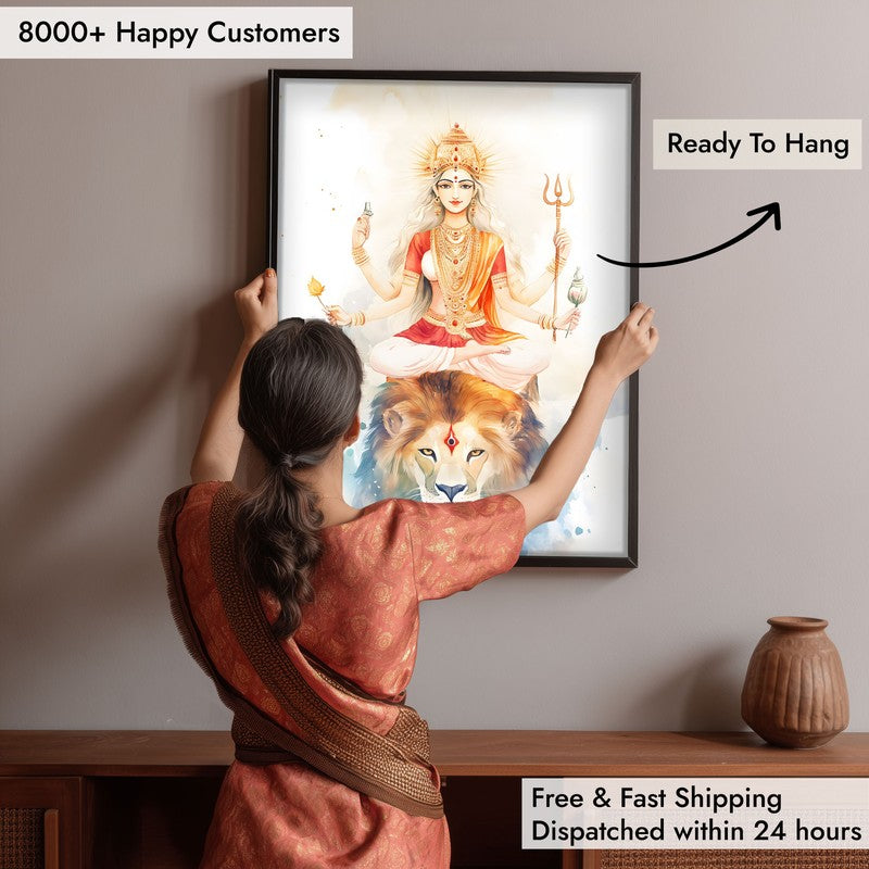 Mahishasura Mardhini Spiritual Archival Paper Wall Painting With Frame - Black media 6