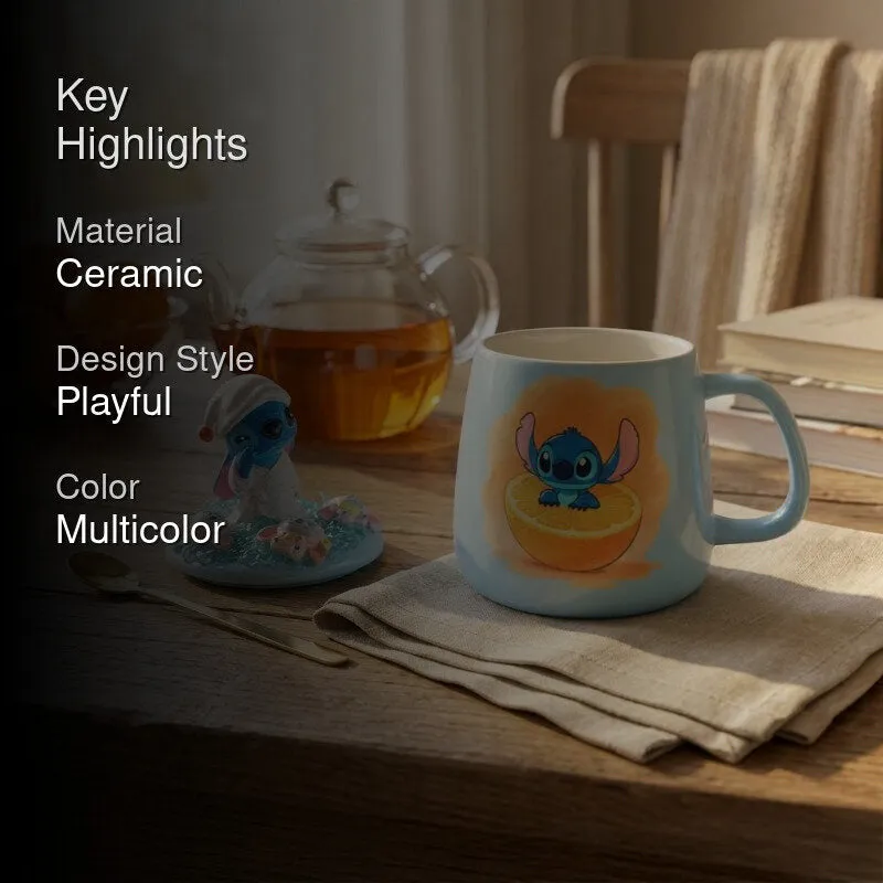Blue Stitch-themed ceramic mug displayed with playful citrus artwork