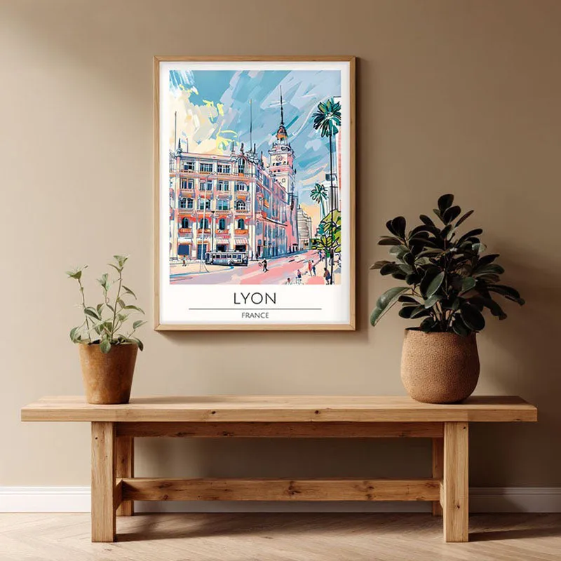 Vintage Lyon Framed Canvas Archival Canvas Wall Painting - Natural Brown Frame media 1