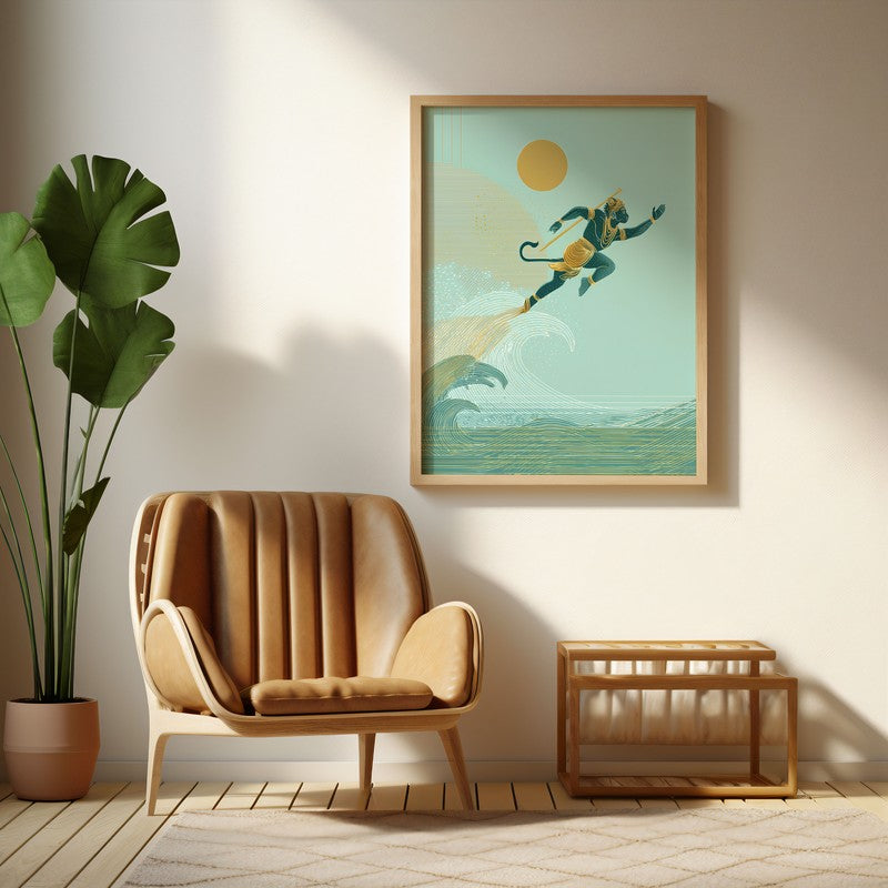 Shri Hanuman Ji Flying Archival Paper Wall Art - Natural Brown Frame