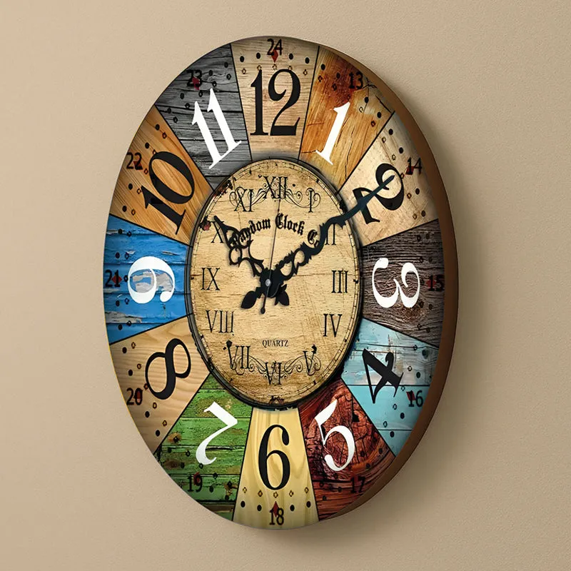 Side view of the thick round multicolour wall clock on a wall