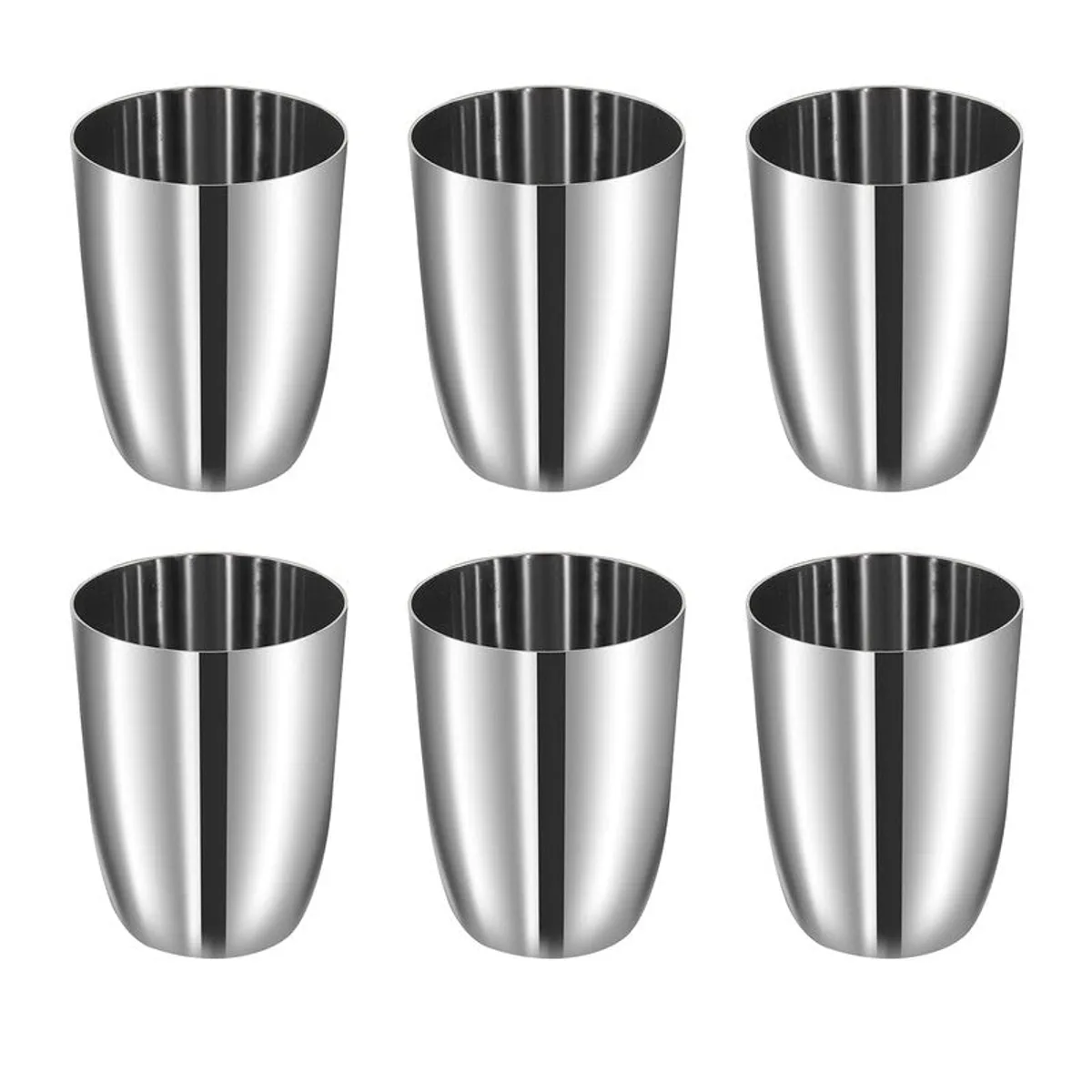 Six matching silver stainless steel glasses arranged in two rows
