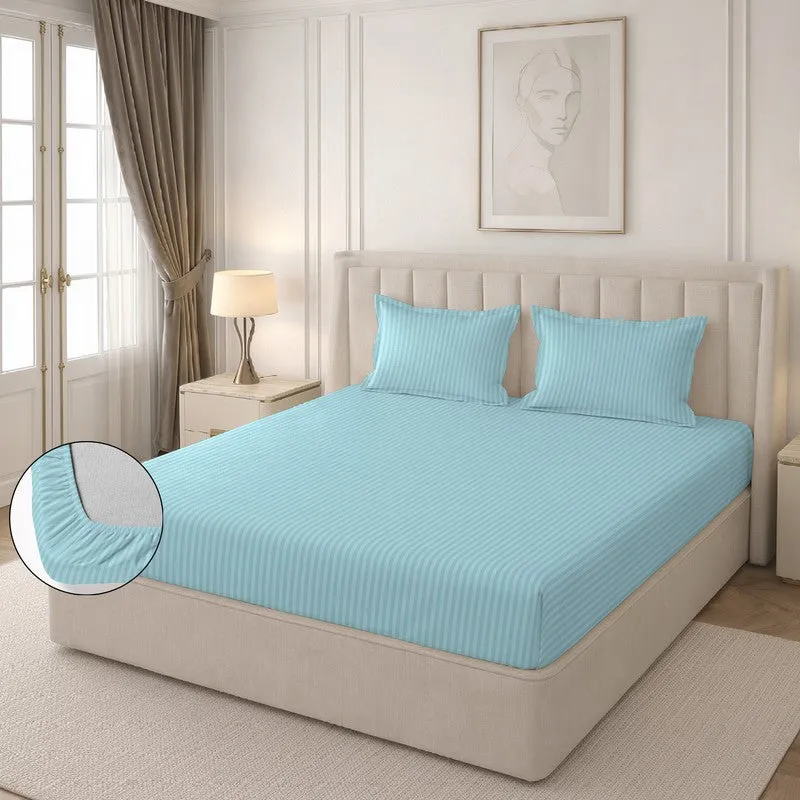StripeScape Glace Cotton Fitted Bedsheet (Sky Blue) - 130 GSM - 6