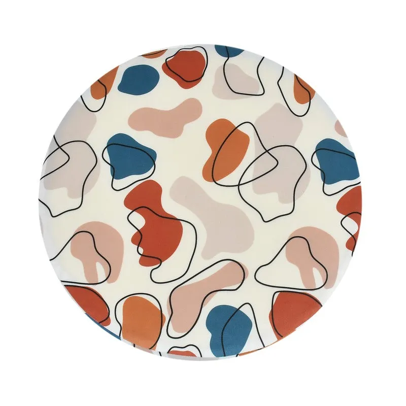 Top view showing the round pouffe's abstract multicolour pattern