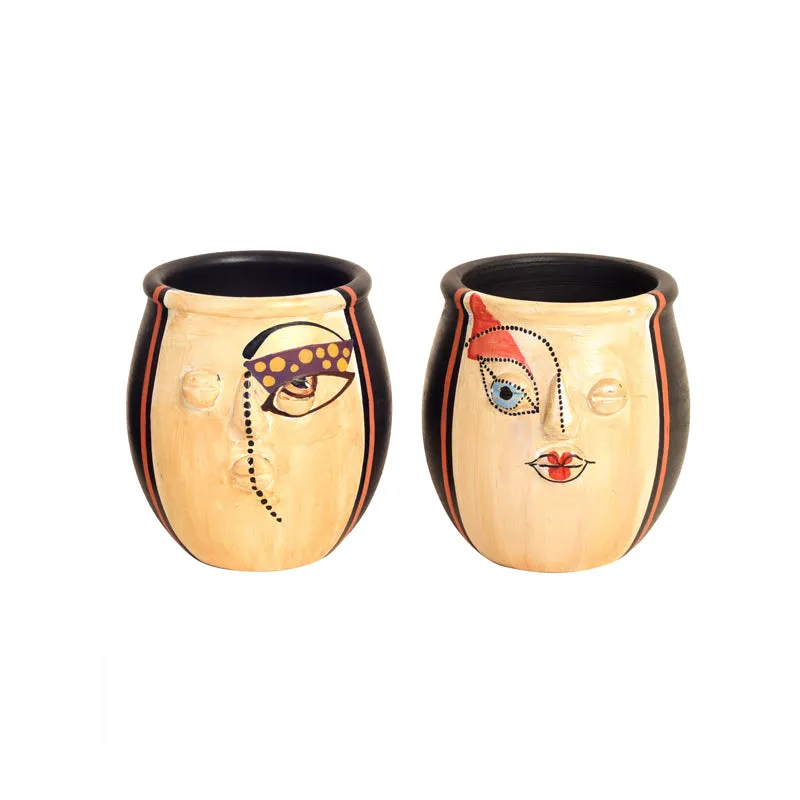 Painted Face Terracotta Vase - Set Of Two media 3