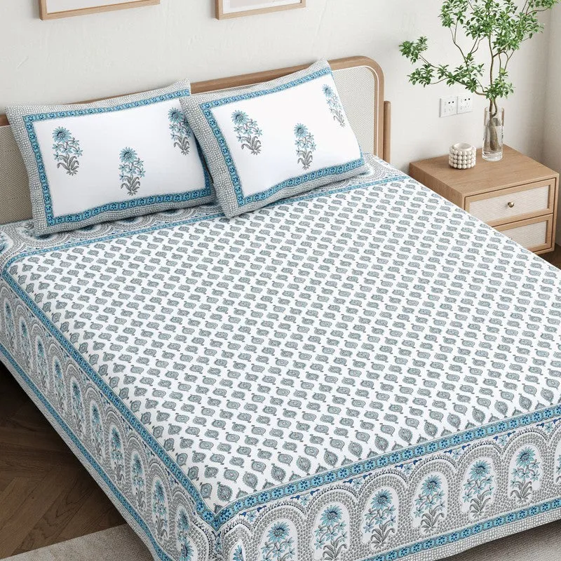 OvoFloro Handblock Printed Cotton Bedsheet (Blue) - 400 TC media 3
