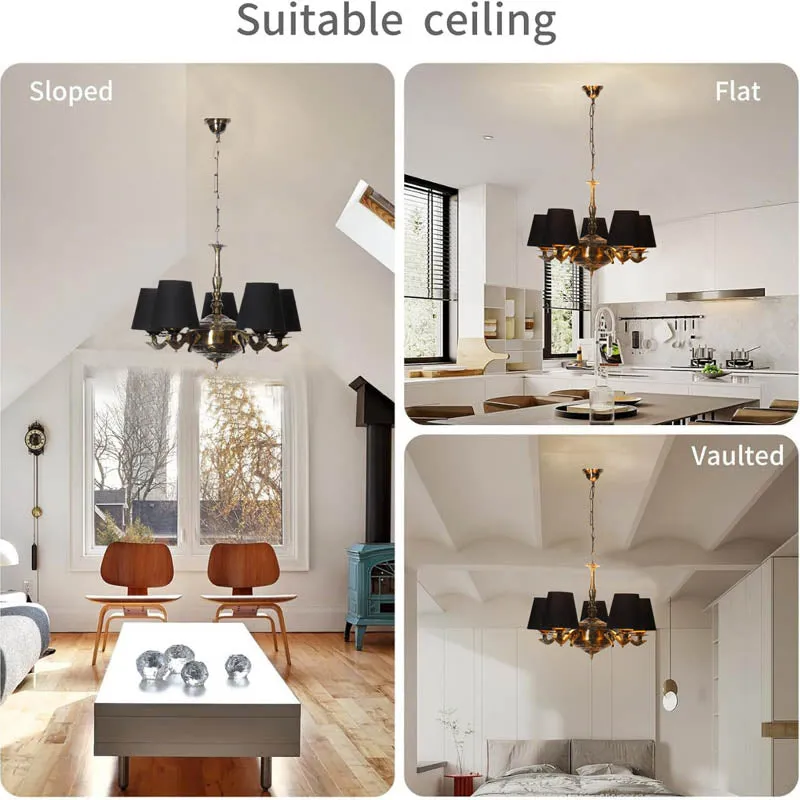 Collage showing the ceiling lamp styled in sloped, flat and vaulted rooms