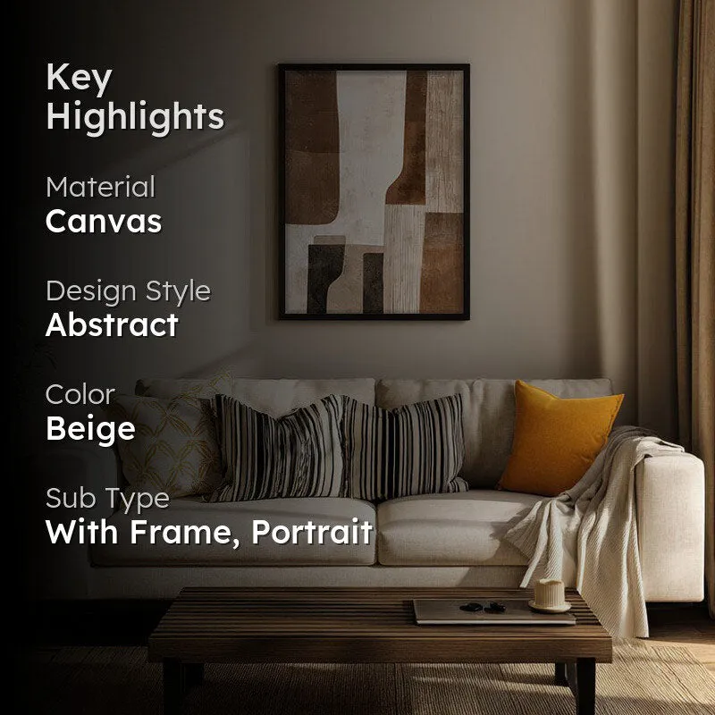 Framed abstract wall art displayed above a sofa in a warm-toned living room.