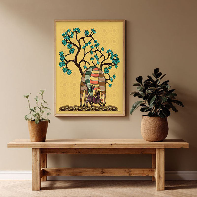 Deer And Fawn Framed Gond Canvas Archival Canvas Wall Painting - Natural Brown Frame