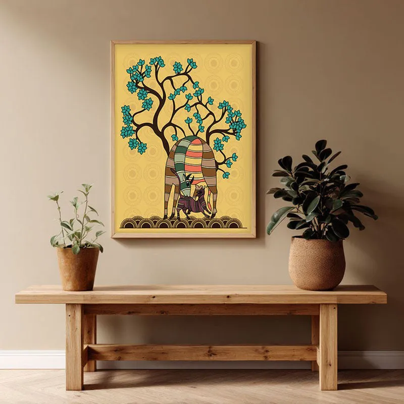 Deer And Fawn Framed Gond Canvas Archival Canvas Wall Painting - Natural Brown Frame media 1