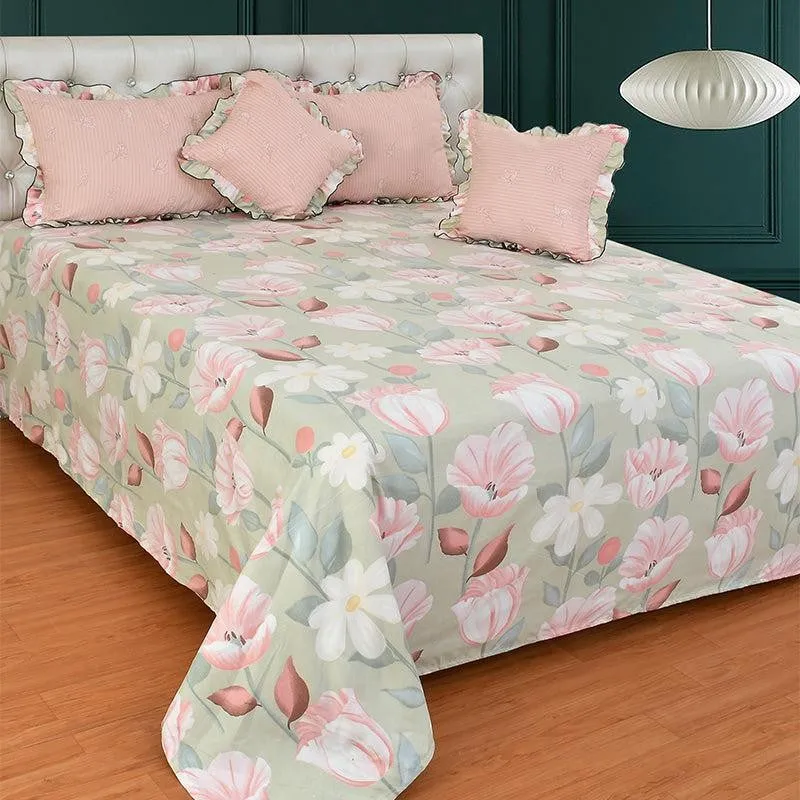 Blush Floral Frilled Microfiber  Bedding Set - Five Piece Set media 1