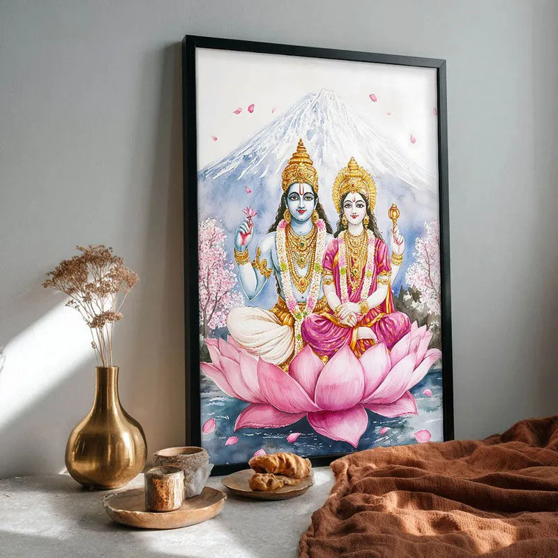 Lakshminarayana Spiritual Archival Paper Wall Painting With Frame - Black media 4