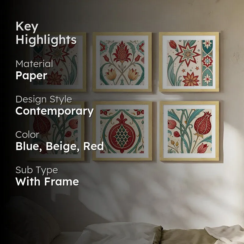 Byzantine Buds Paper Wall Painting With Frame - Set Of Six media 2