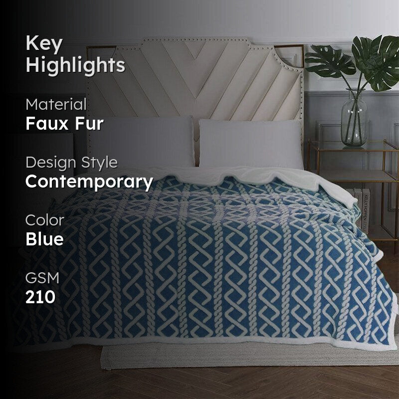 Oriella Geomatric Faux Fur Blanket (Blue)  - 210 GSM media 2