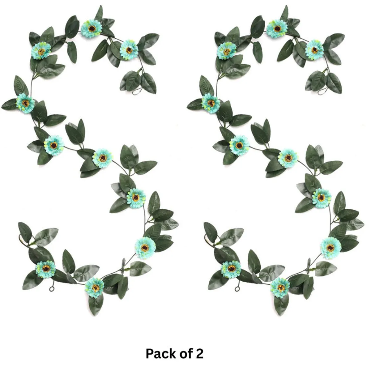 Two matching blue and green artificial flower creepers displayed side by side.