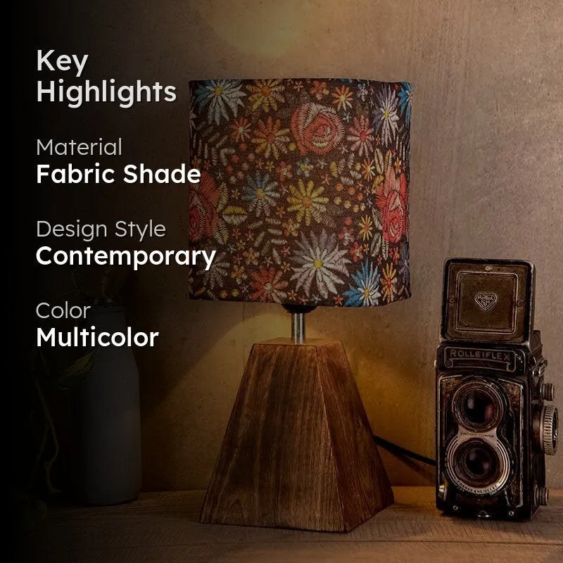 Floral table lamp with brown base shown with key highlights text overlay