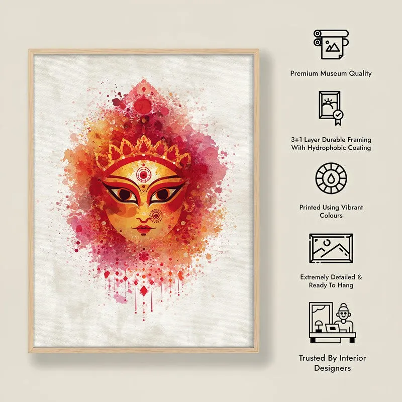 Powerful & Divine Maa Durga Archival Paper Wall Art - Natural Brown Frame media 8