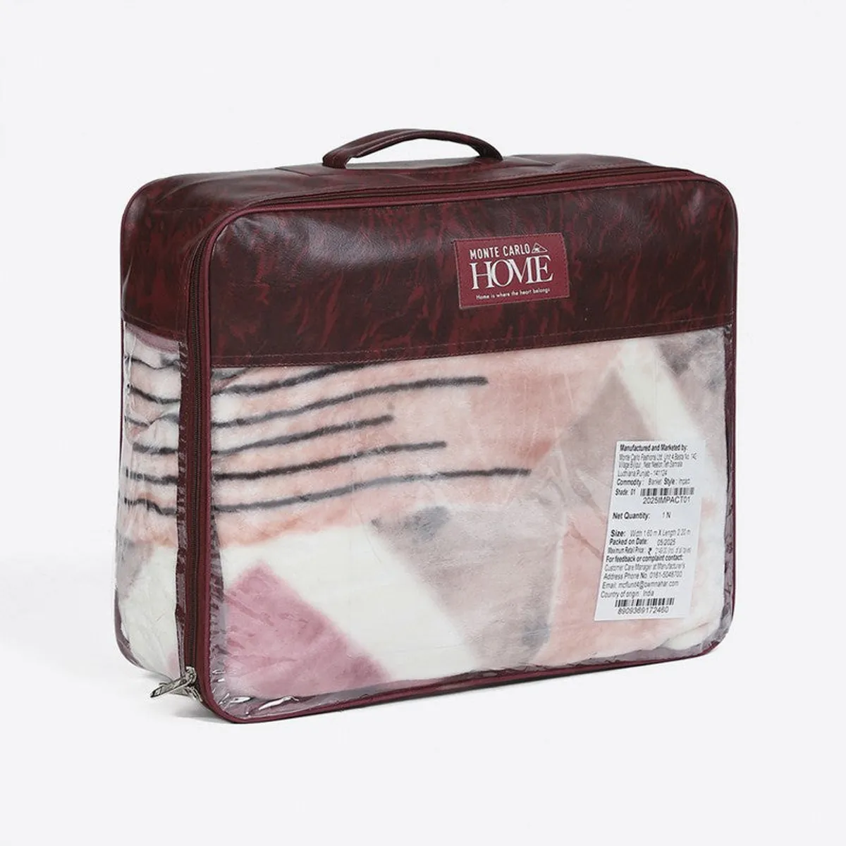 Blanket folded inside a transparent handled storage bag