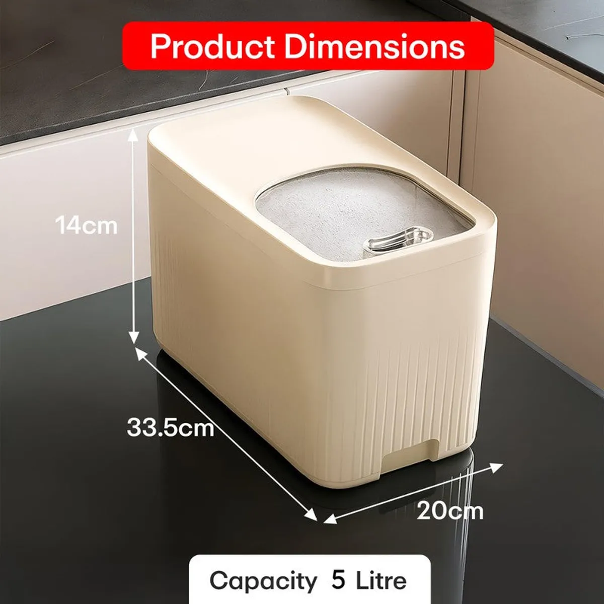 Cream-white container shown with length, breadth and height measurement arrows