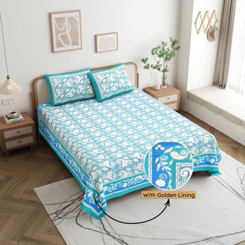 Mango Muse Cotton Bedsheet (White,Sky Blue) - 180 GSM media 1