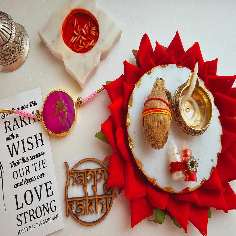 Om Ganesha Pink Agate Rakhi Gift Set