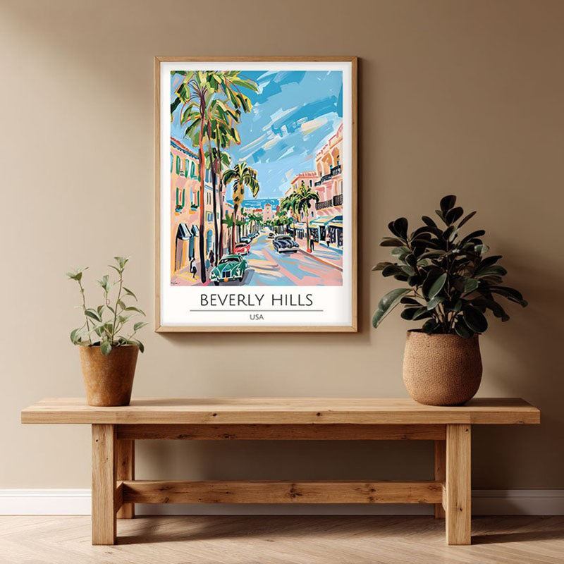 Vintage Beverly Hills Framed Canvas Archival Canvas Wall Painting - Natural Brown Frame
