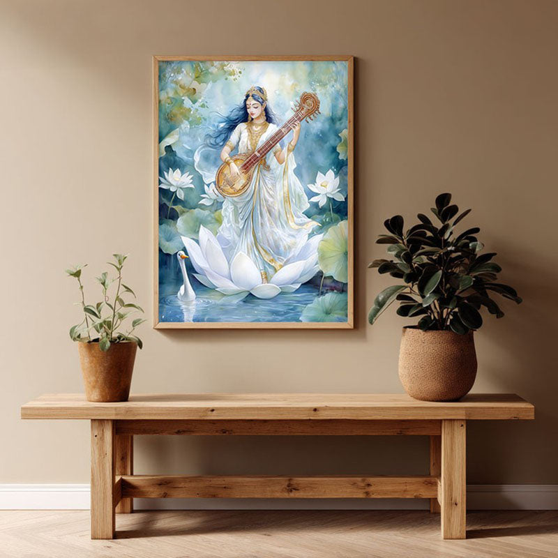 Veena Vaadhini Spiritual Archival Paper Wall Painting - Natural Brown Frame