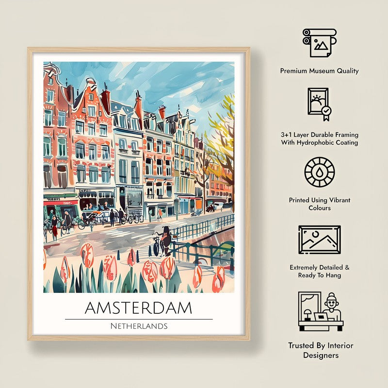 Vintage Amsterdam Framed Canvas Archival Canvas Wall Painting - Natural Brown Frame media 8
